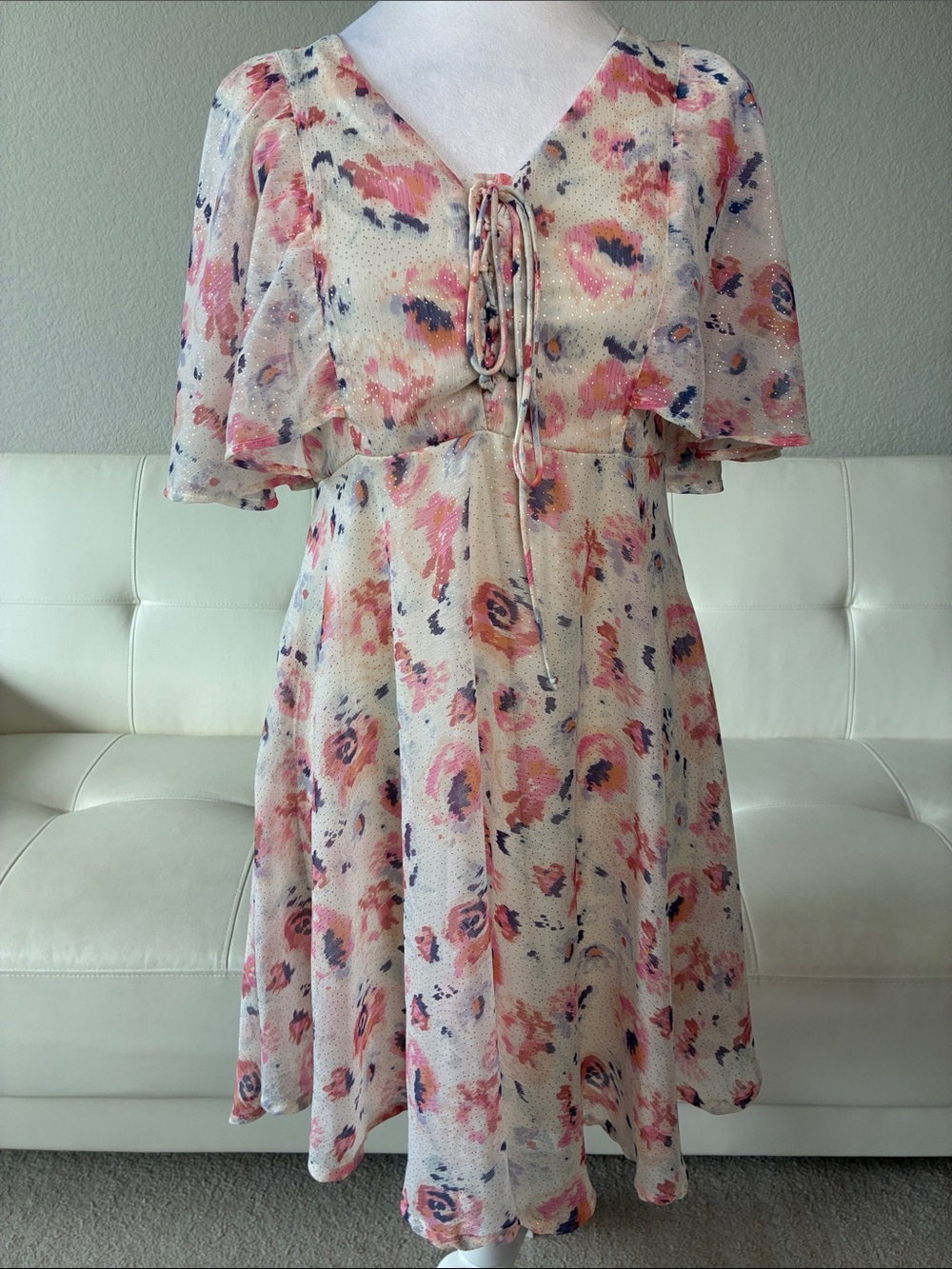 Rio Floral Tie-Front Midi Dress in Cream and Pink